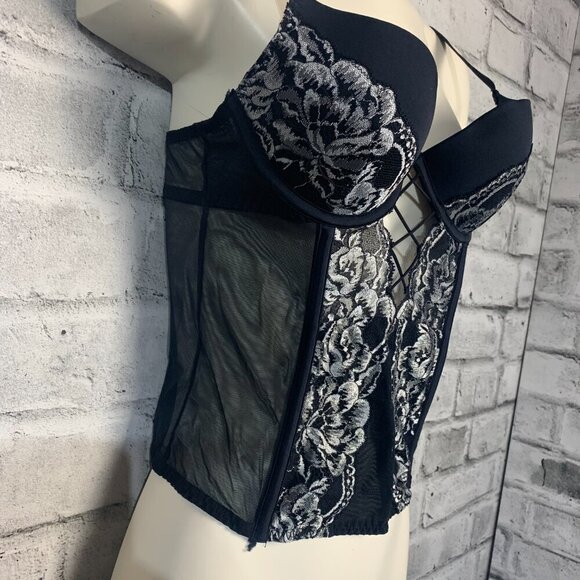 La Senza Bustier Corset Top Black Mesh Silver Metallic Lace - Picture 4 of 12